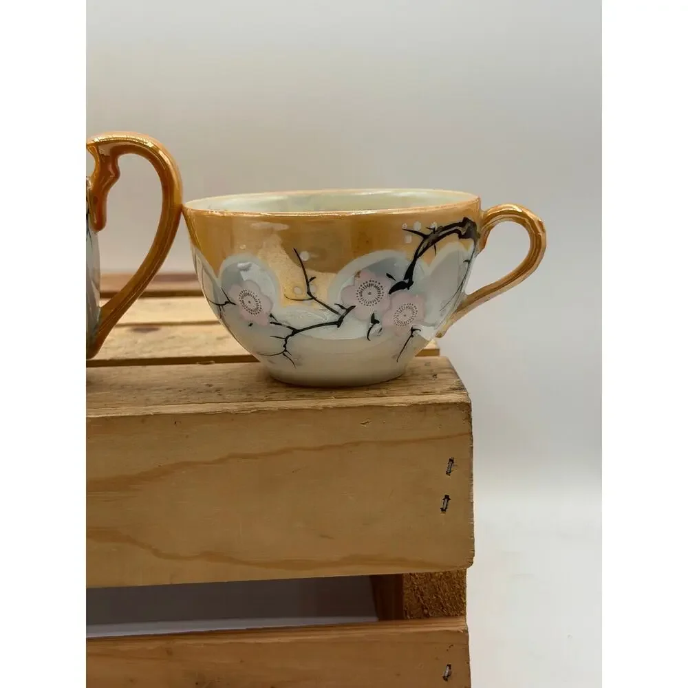Vintage Hand-Painted Japanese Iridescent Tea Set - Pitcher and Two Cups